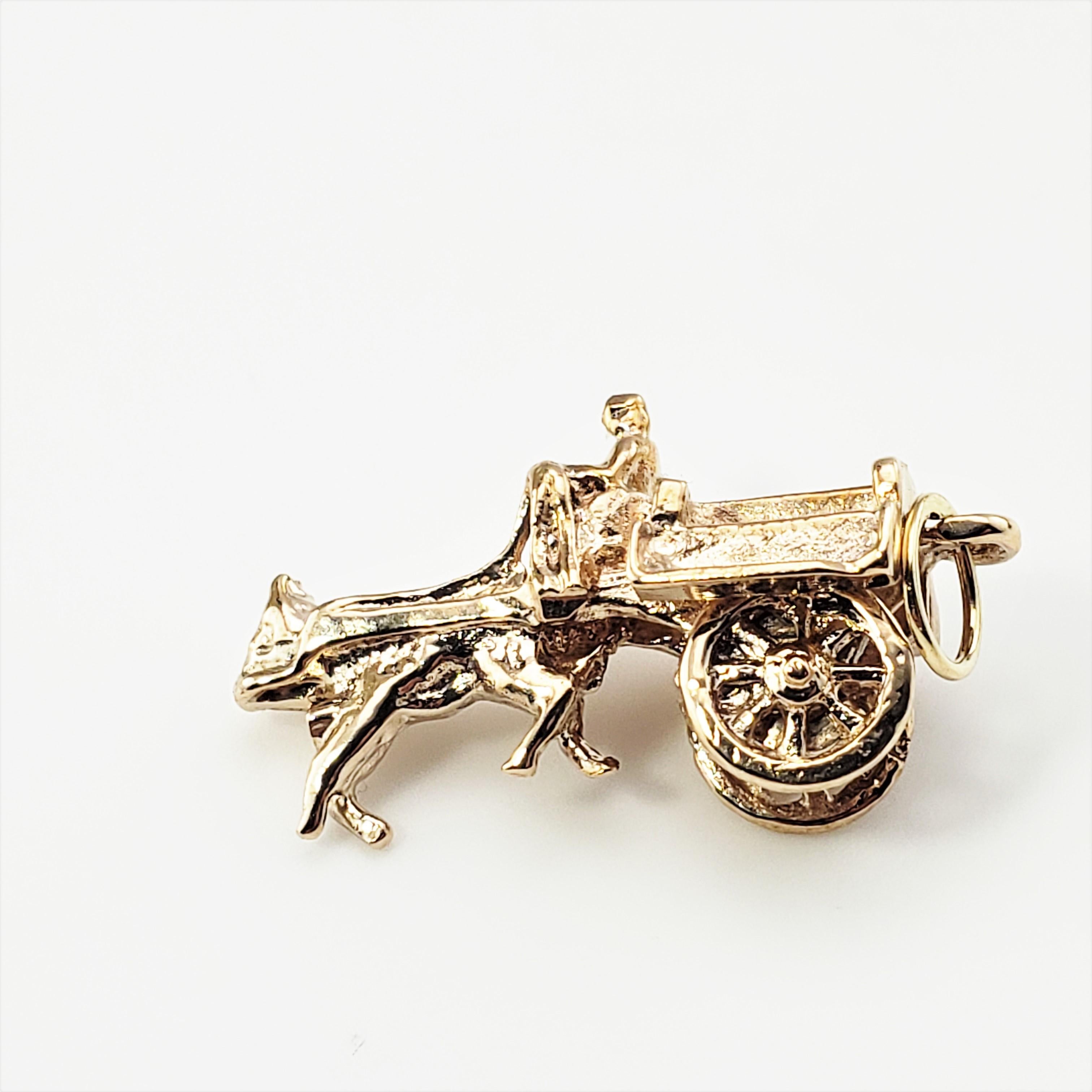 9 Karat Rose Gold Donkey and Cart Charm-

This 3D charm features a miniature horse and cart with wheels that spin meticulously detailed in 9K rose gold.

Size: 23 mm x 12 mm (actual charm)

Weight: 2.0 dwt. / 3.2 gr.

Stamped: 375

Very good