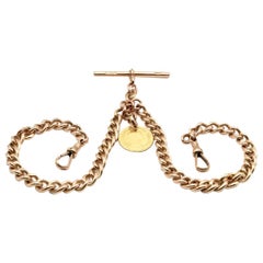 9 Kt Roségold Double Albert Gentleman's Taschenuhrkette und 18 Kt Fob
