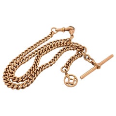Vintage 9 Karat Rose Gold English Curb Link Fob Chain with T-Bar and Masonic Charm