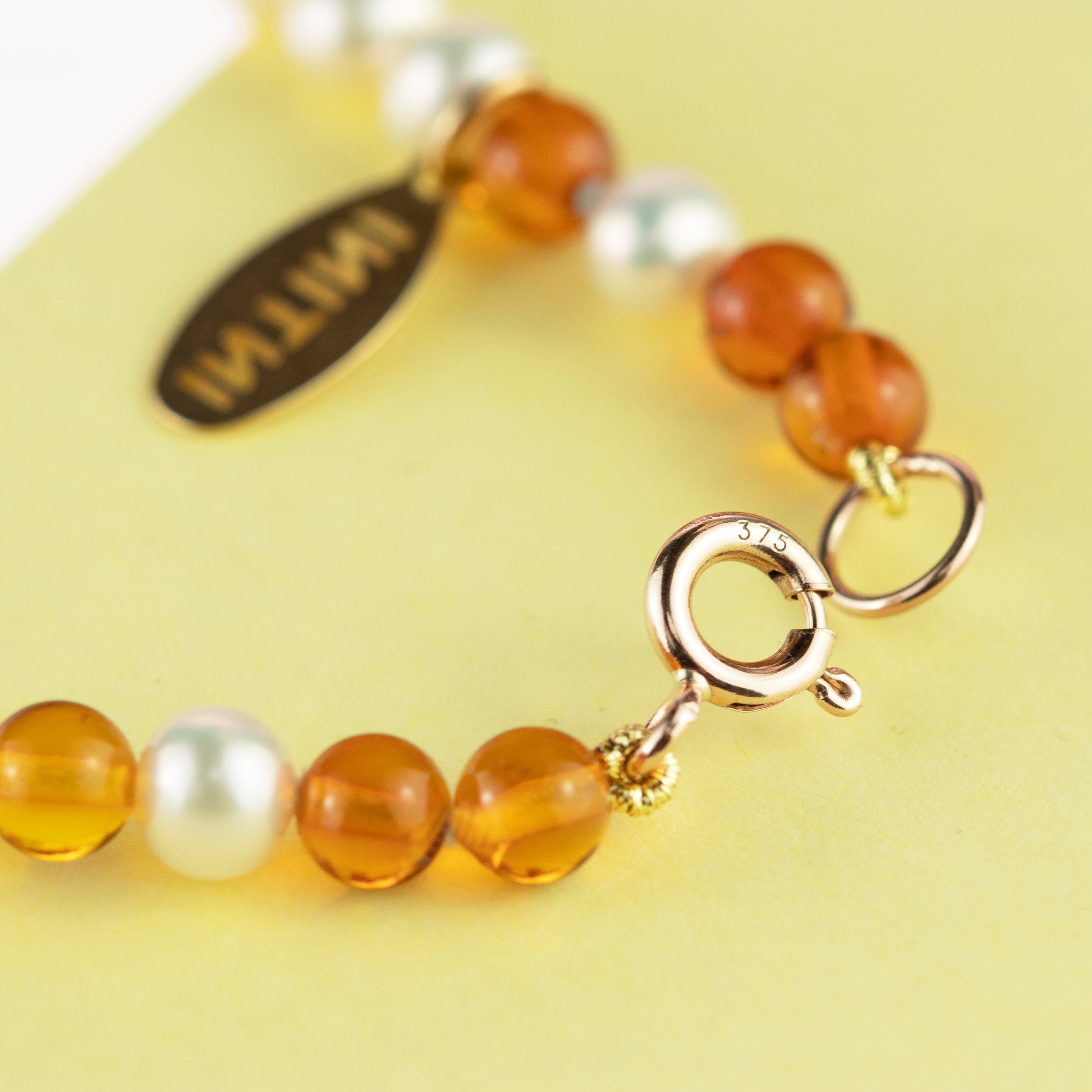 9 Karat Rose Gold Freshwater Pearls Baltic Amber Rondelle Beaded Bracelet For Sale 5