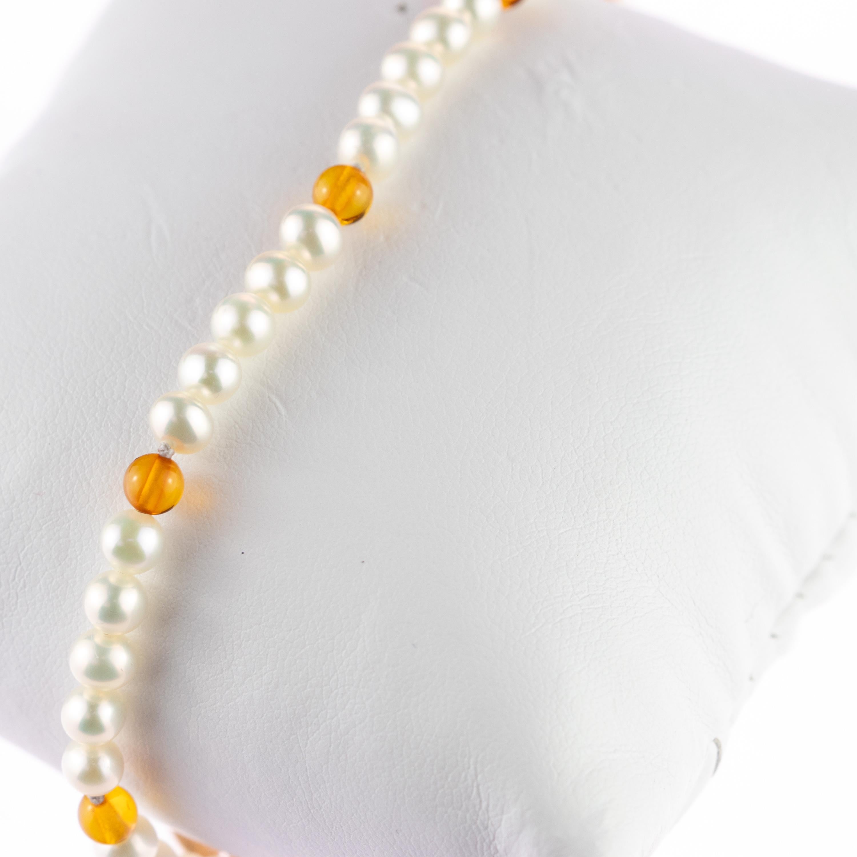 Modernist 9 Karat Rose Gold Freshwater Pearls Baltic Amber Rondelle Beaded Bracelet For Sale