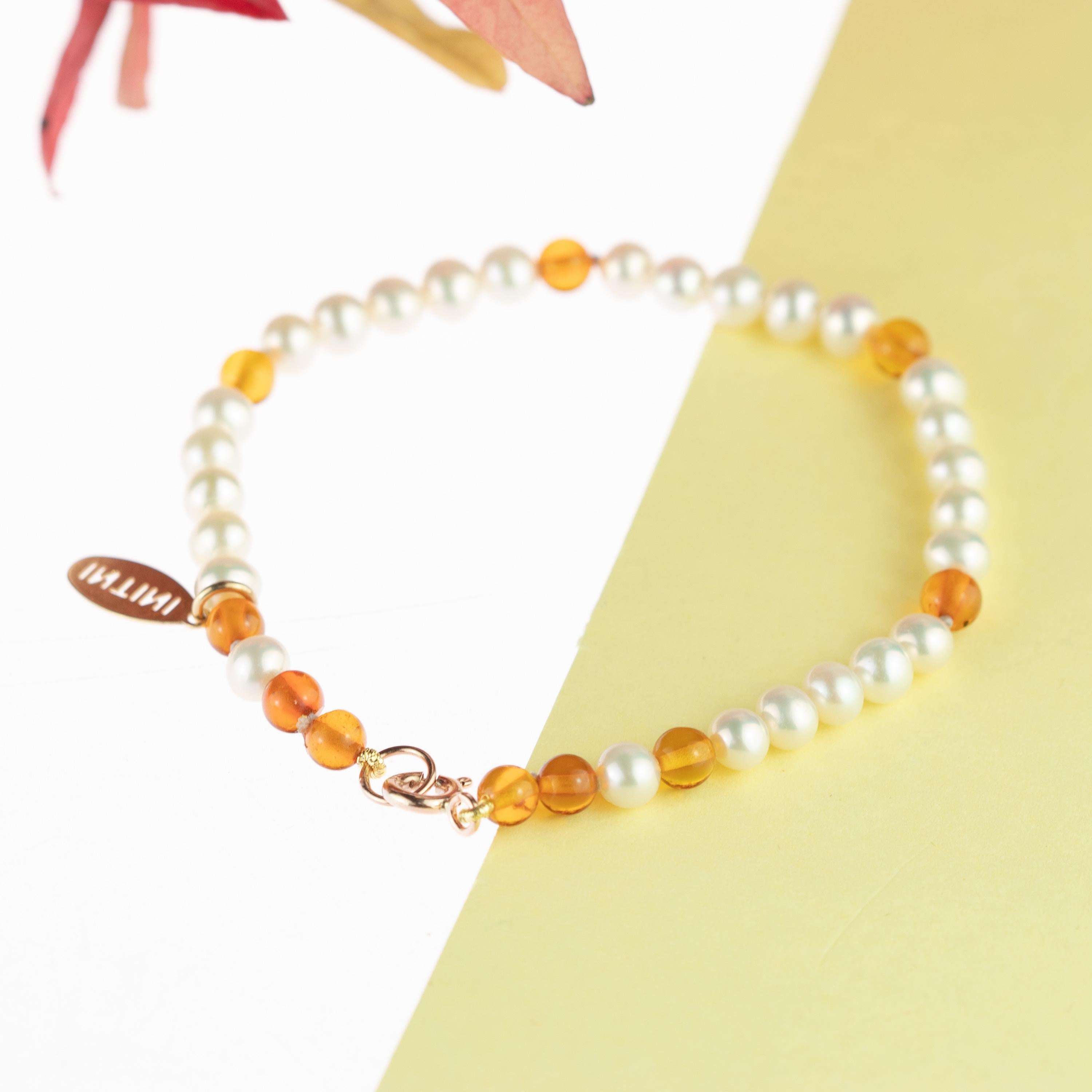 9 Karat Rose Gold Freshwater Pearls Baltic Amber Rondelle Beaded Bracelet For Sale 1