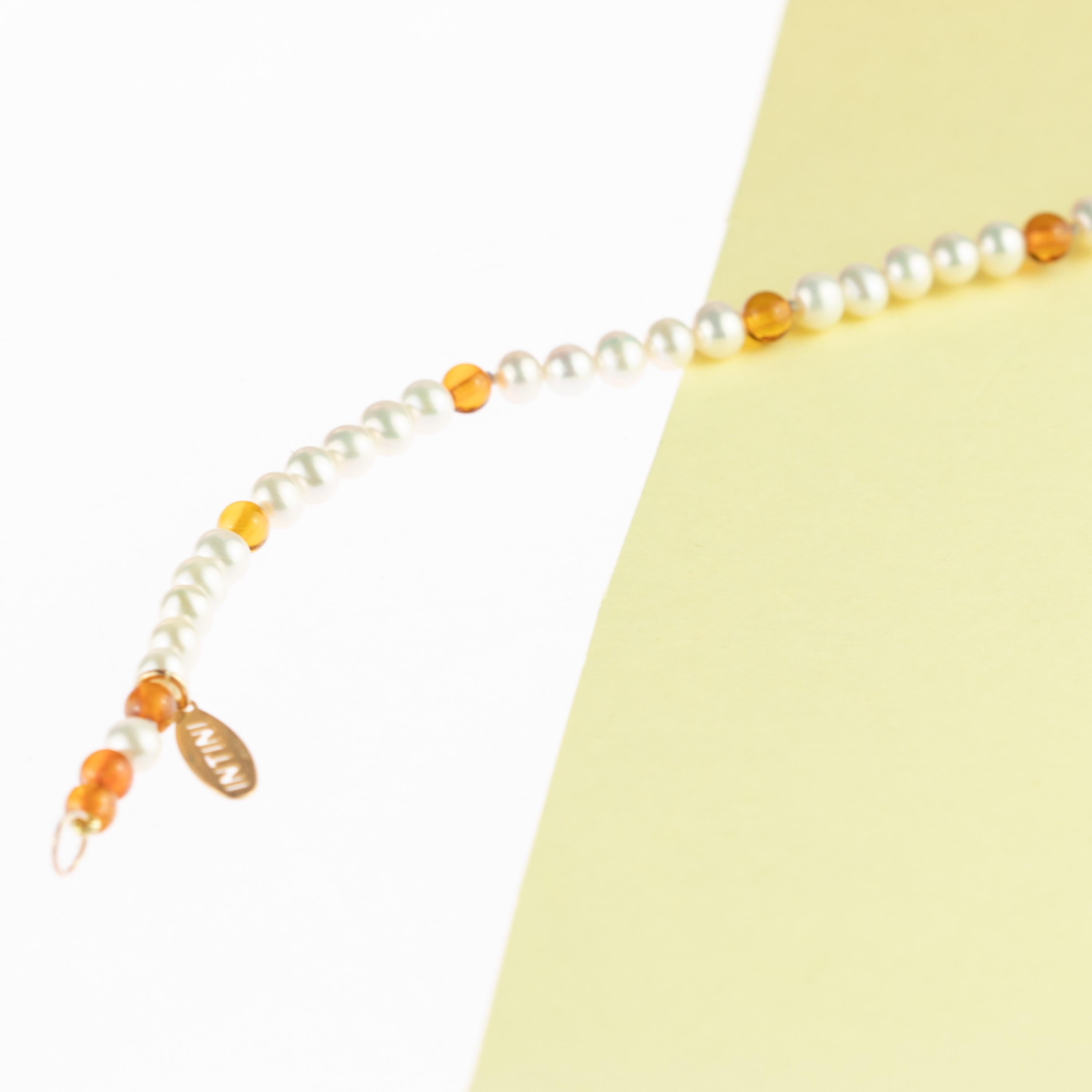 9 Karat Rose Gold Freshwater Pearls Baltic Amber Rondelle Beaded Bracelet For Sale 3