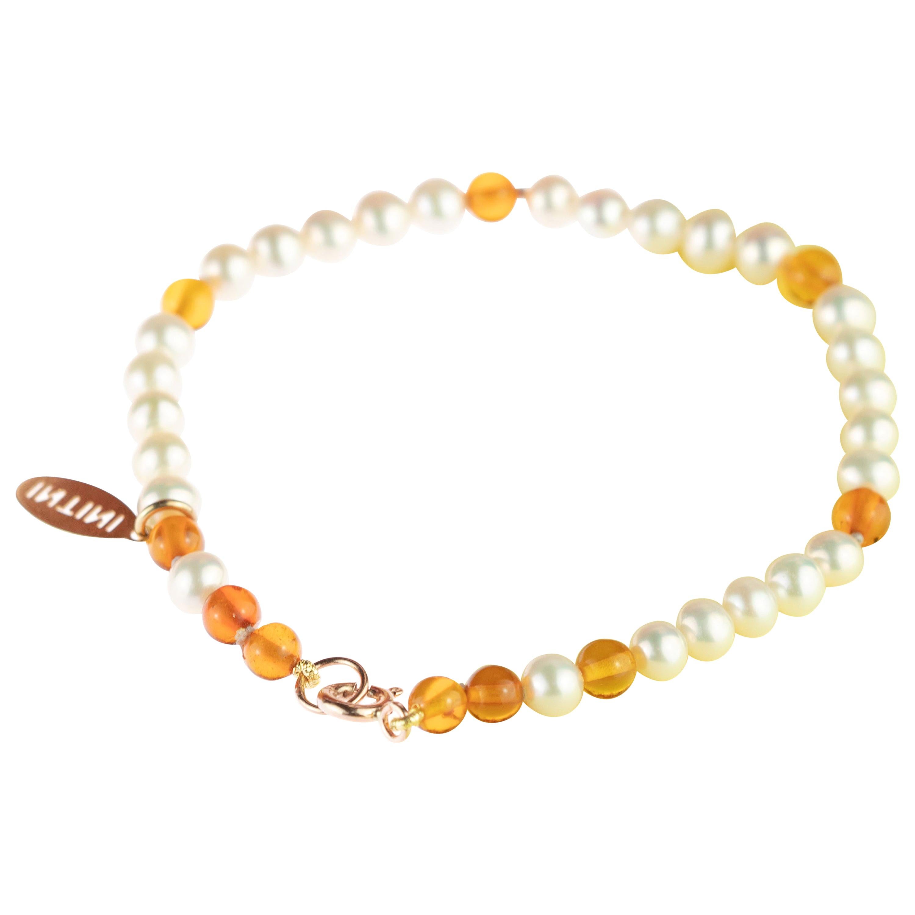 9 Karat Rose Gold Freshwater Pearls Baltic Amber Rondelle Beaded Bracelet For Sale