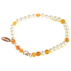 9 Karat Rose Gold Freshwater Pearls Baltic Amber Rondelle Beaded Bracelet