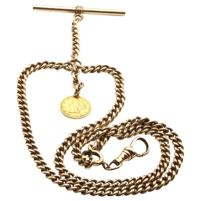 9 Kt Rose Gold Gentleman's Pocket Watch Chain with 18 Kt Gold Dollar Fob