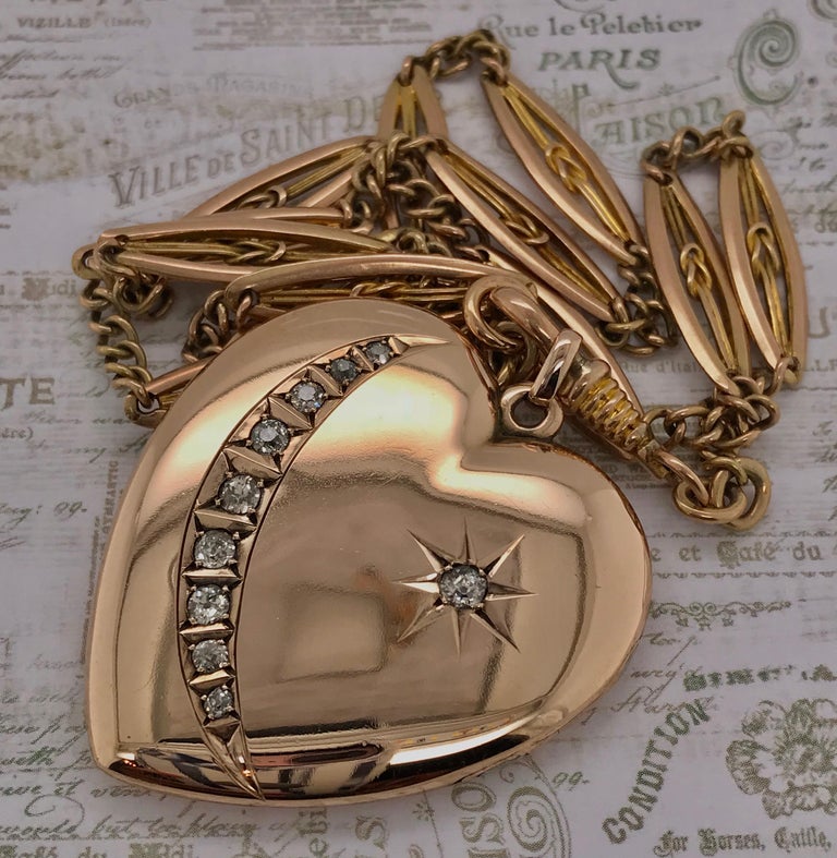 9 Karat Rose Gold Heart Shaped Crescent and Star Locket at 1stDibs