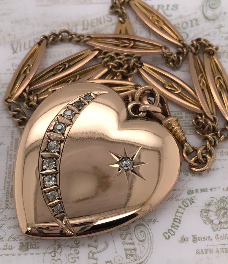 9 Karat Rose Gold Heart Shaped Crescent and Star Locket at 1stDibs