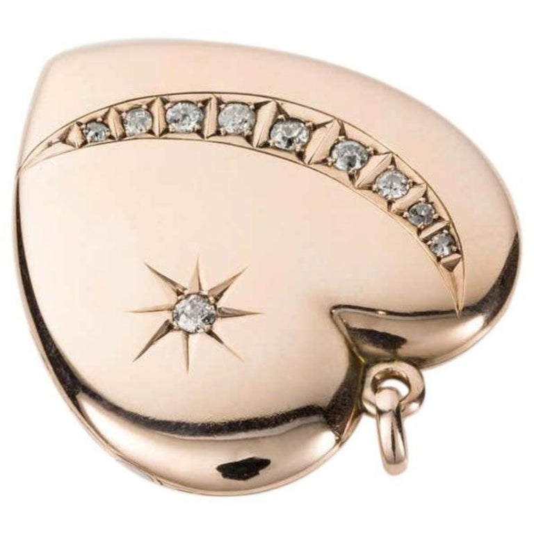 9 Karat Rose Gold Heart Shaped Crescent and Star Locket at 1stDibs