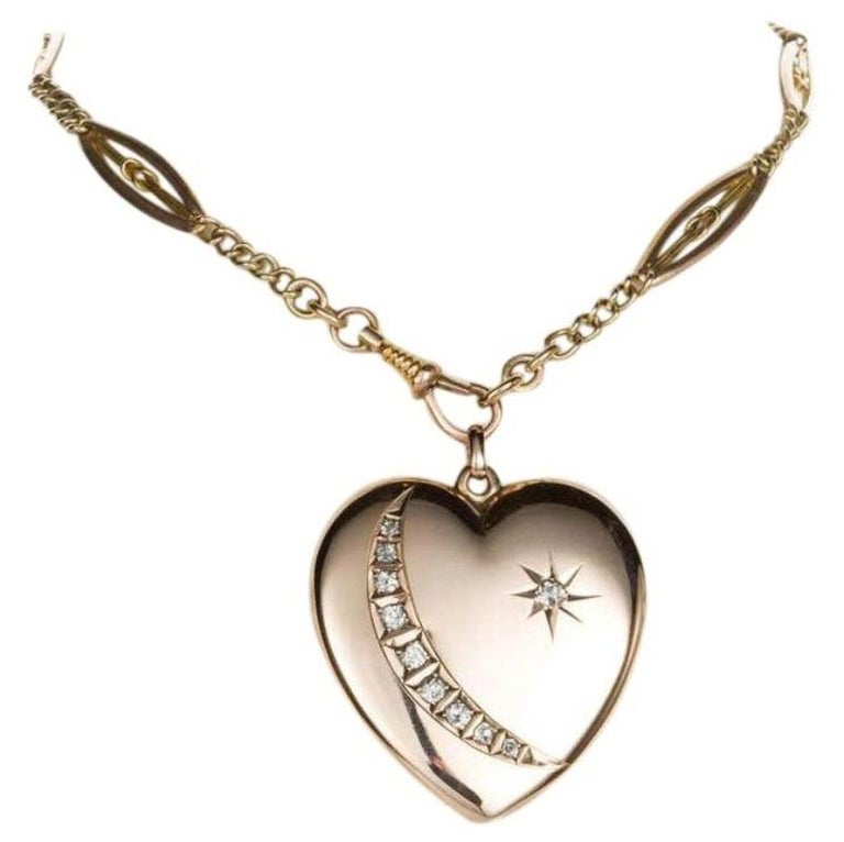 9 Karat Rose Gold Heart Shaped Crescent and Star Locket at 1stDibs