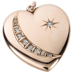 Vintage 9 Karat Rose Gold Heart Shaped Crescent and Star Locket