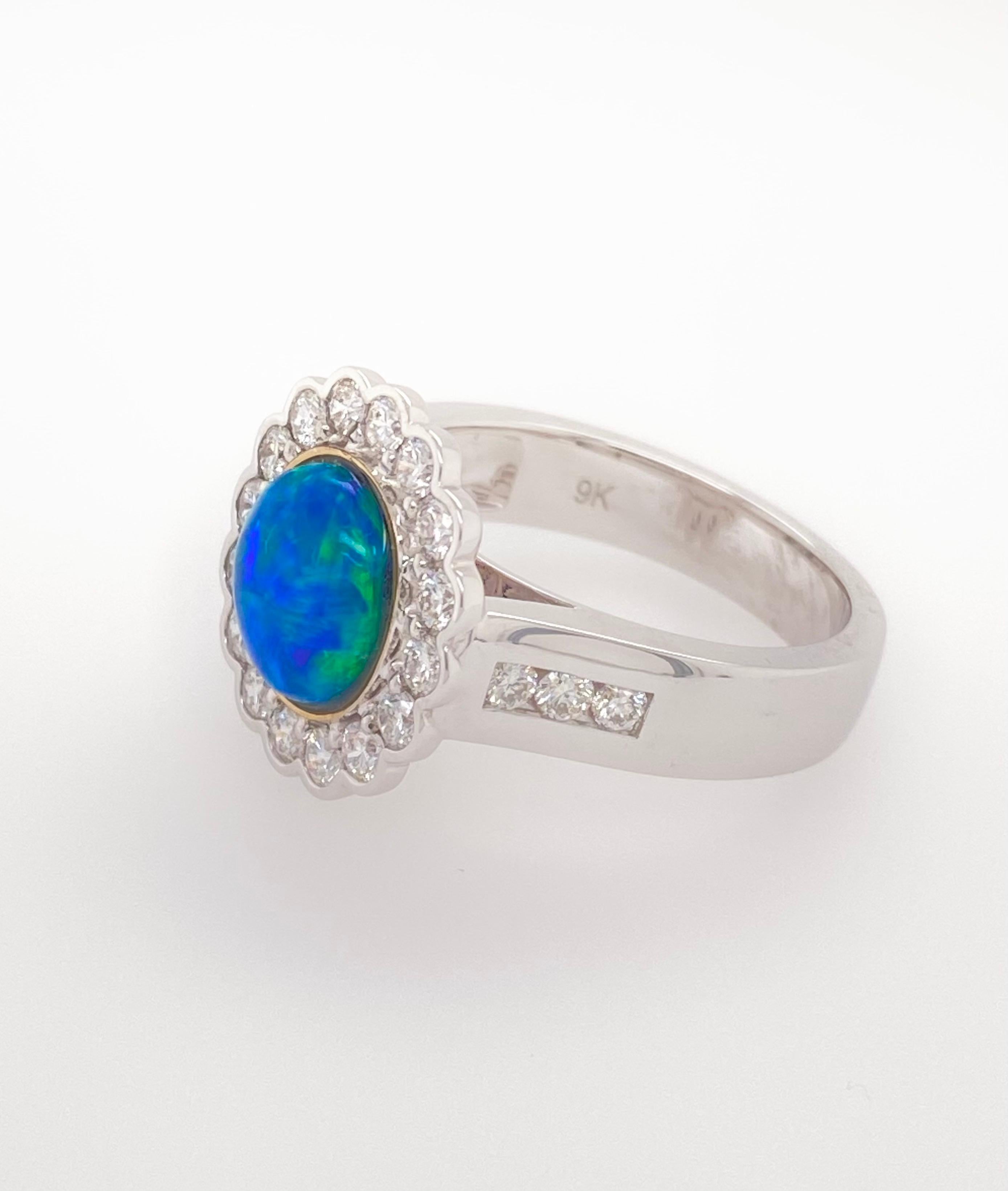 Modern 9 Karat White Gold Opal Diamond Cluster Ring For Sale