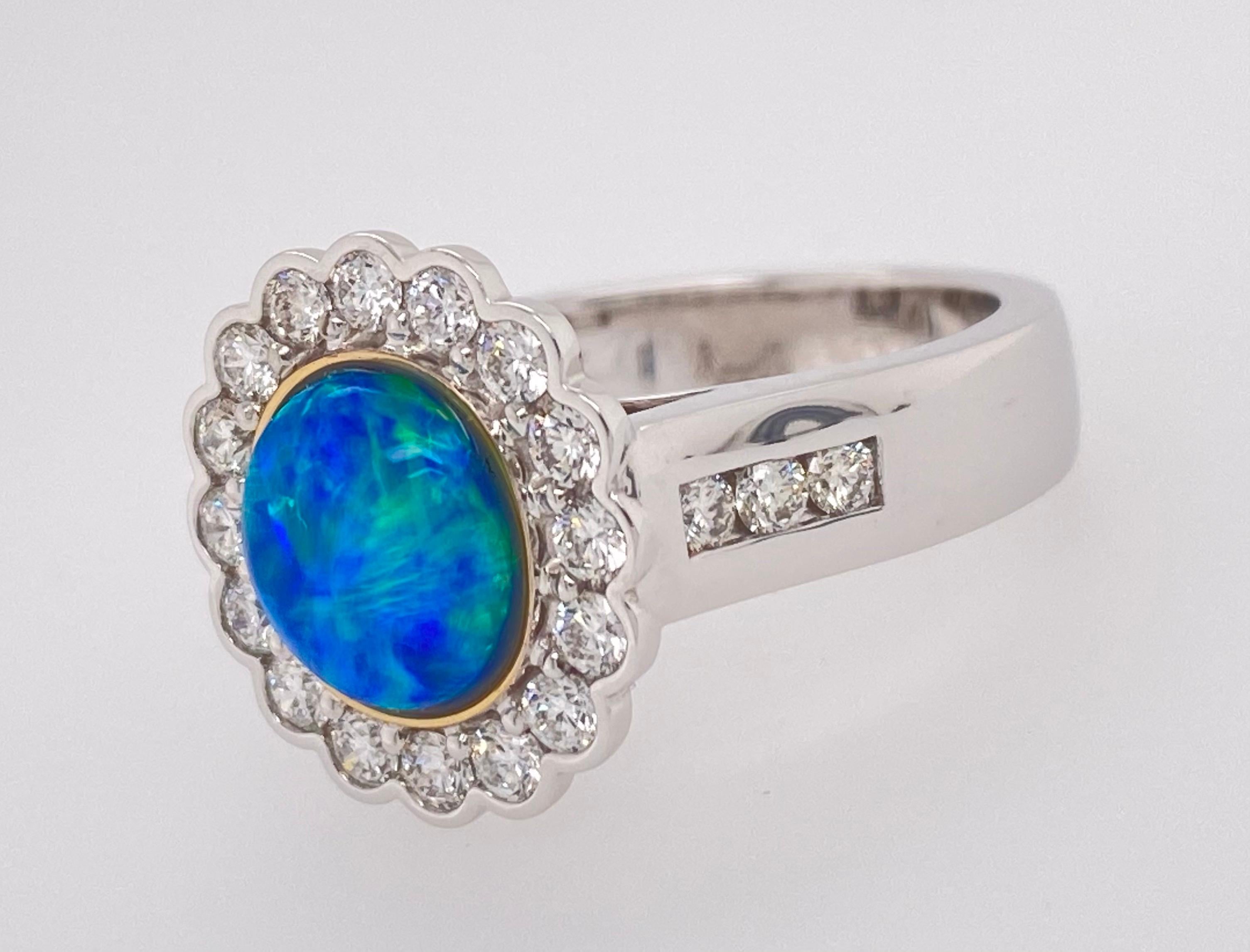 Cabochon 9 Karat White Gold Opal Diamond Cluster Ring For Sale