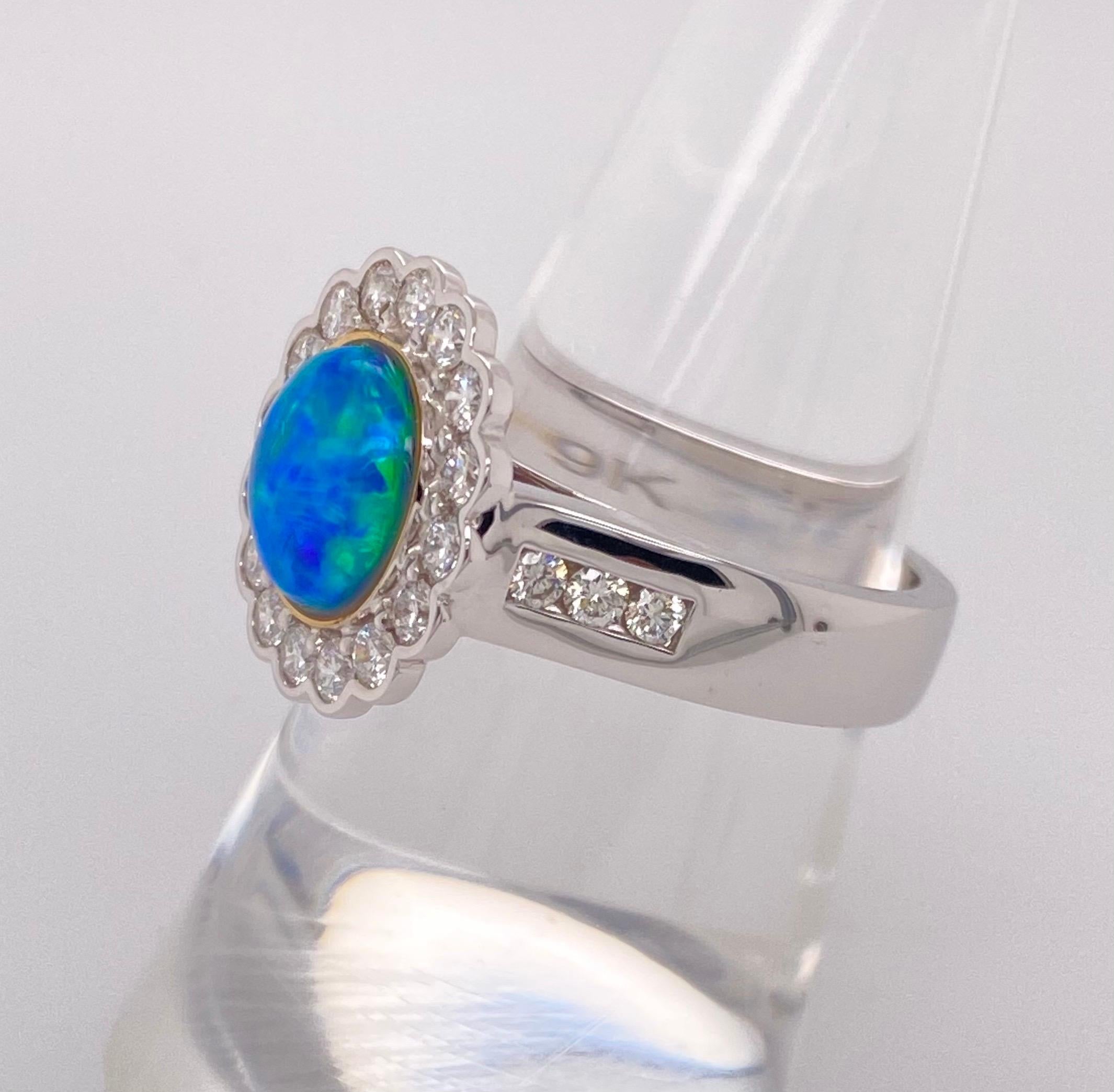 9 Karat White Gold Opal Diamond Cluster Ring In New Condition For Sale In Indooroopilly, QLD
