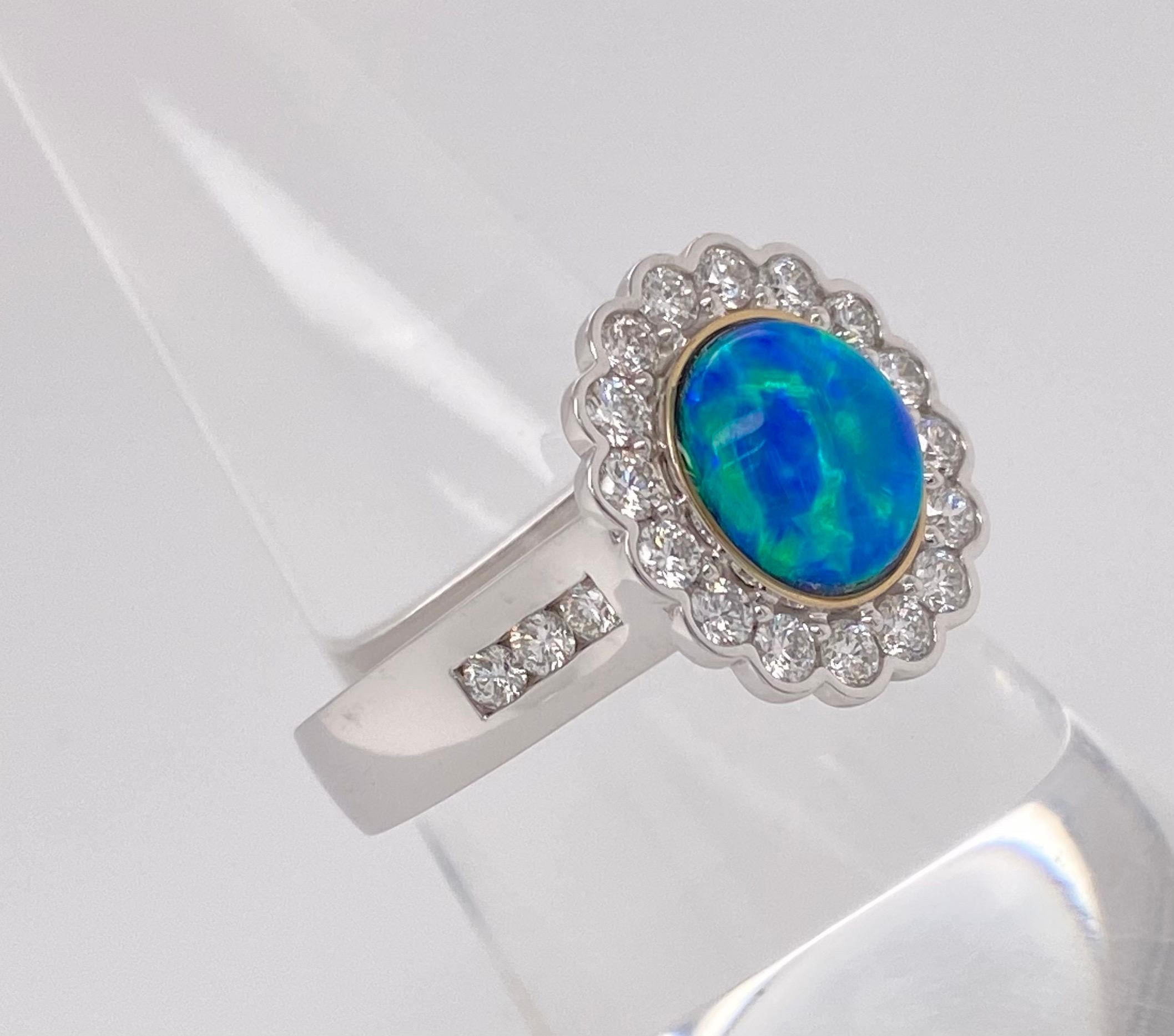 Women's or Men's 9 Karat White Gold Opal Diamond Cluster Ring For Sale