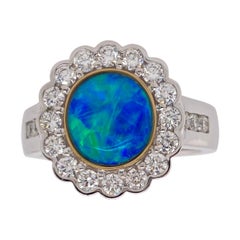 9 Karat White Gold Opal Diamond Cluster Ring 9 Karat White Gold Opal Diamond Cluster Ring