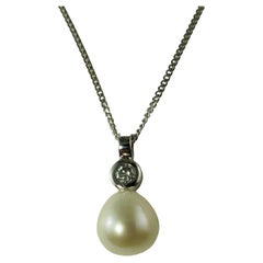 Vintage 9 Karat White Gold Pearl and Diamond Pendant Necklace #14450