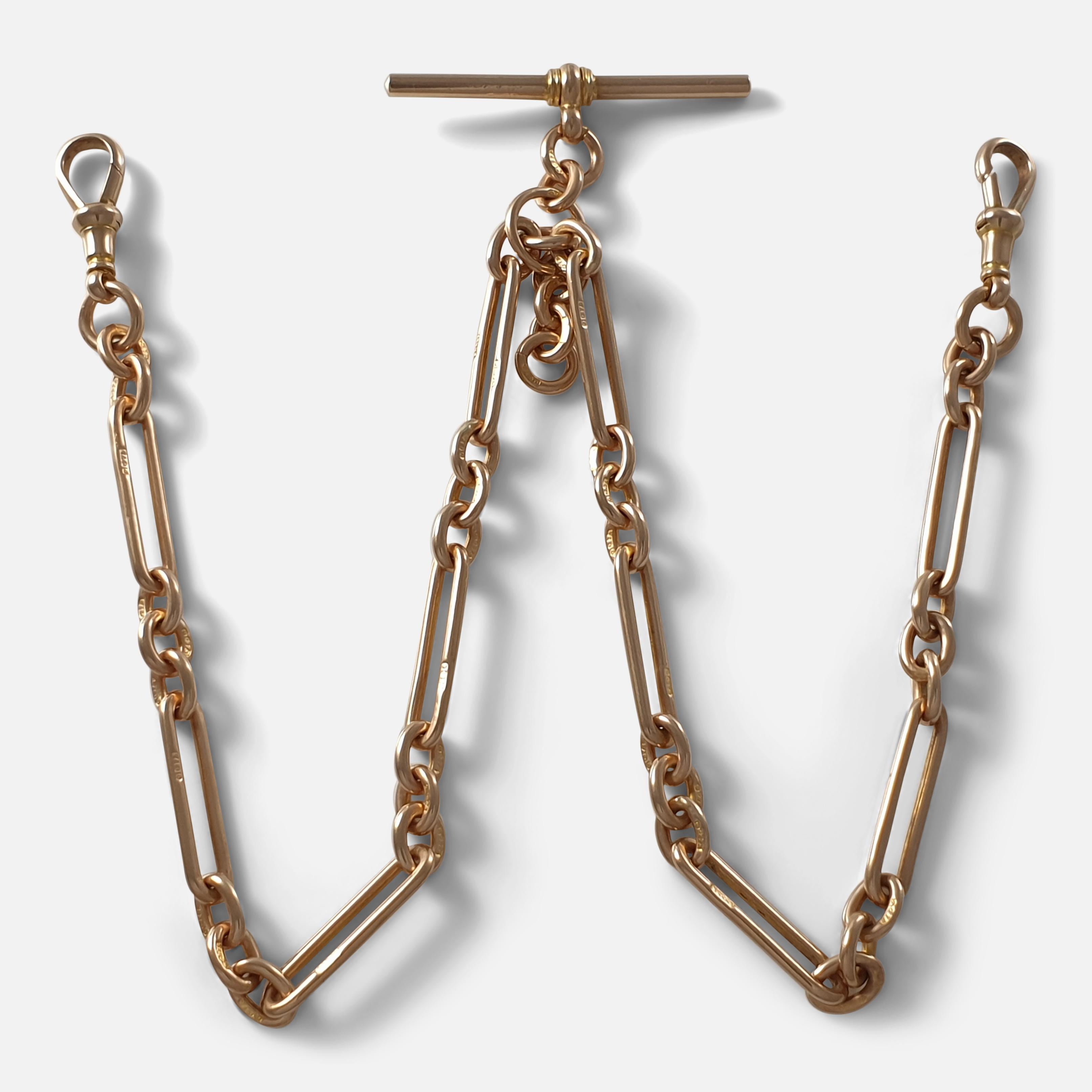 A 9 karat mellow rose gold trombone link albert watch chain, and T-bar. This watch chain may be worn with a pocket watch, or may also be worn as a necklace, if so desired.

The chain is hallmarked with the makers mark 'WHW Ld', Birmingham,