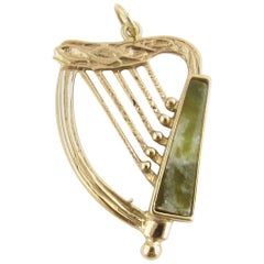 9 Karat Yellow Gold and Connemara Marble Harp Charm