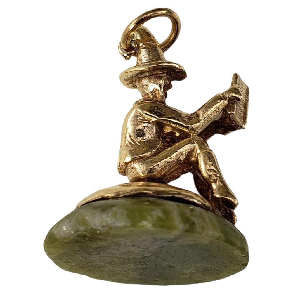 9 Karat Yellow Gold and Connemara Marble Leprechaun Pendant #18146 For Sale