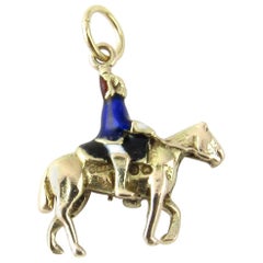 Vintage 9 Karat Yellow Gold and Enamel Soldier on Horse Charm