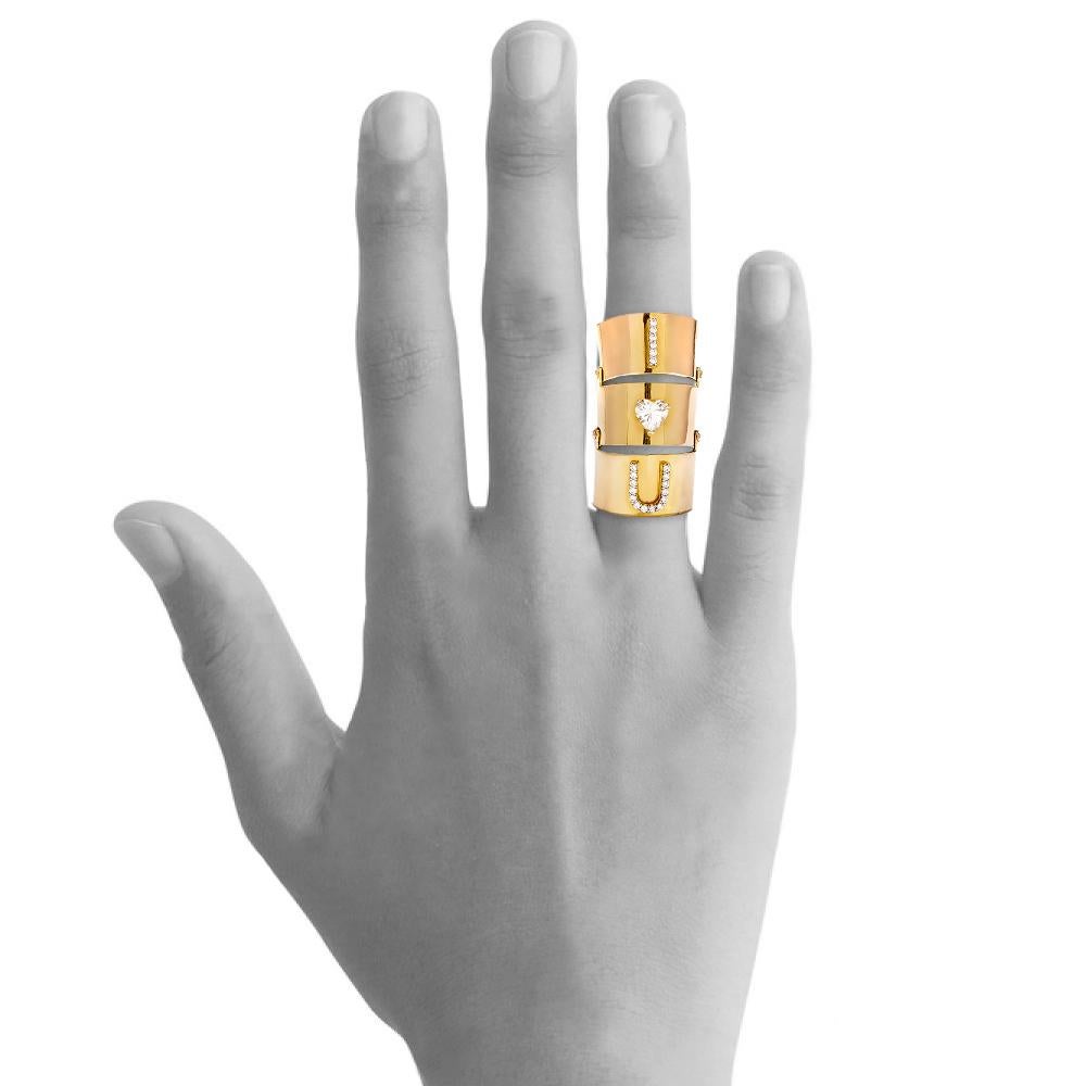 One of a kind ring, 9K yellow gold approx 15gr, heart solitaire diamond 1.01ct, full cut round diamonds 0.17 ctw. Full finger ring with Ring size US 2.5 (top of finger) & US 6.5 (base of finger). This ring is constructed with a hinge mechanism that