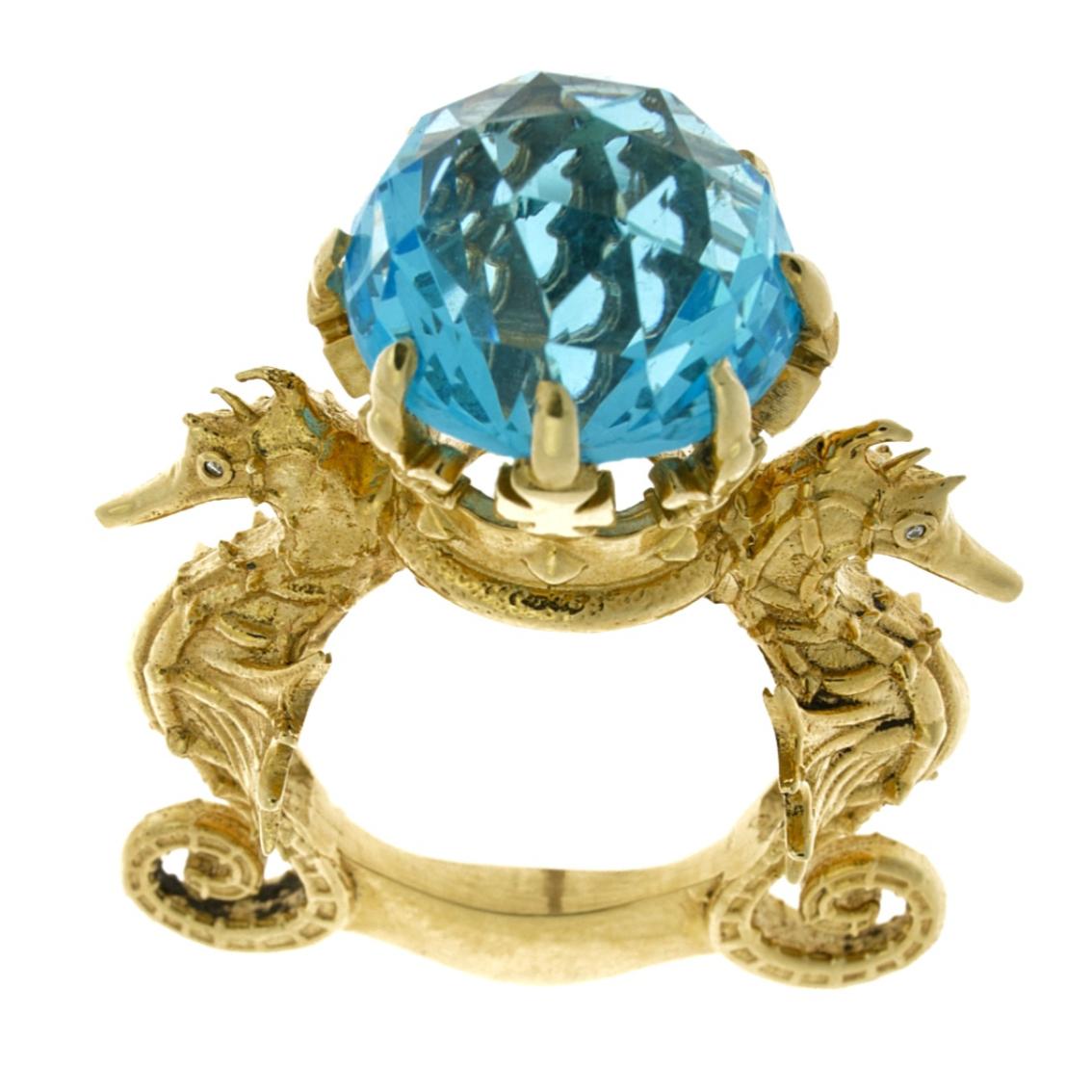 Contemporary 9 Karat Yellow Gold, Blue Topaz and Diamond Amphitrite's Crown Ring