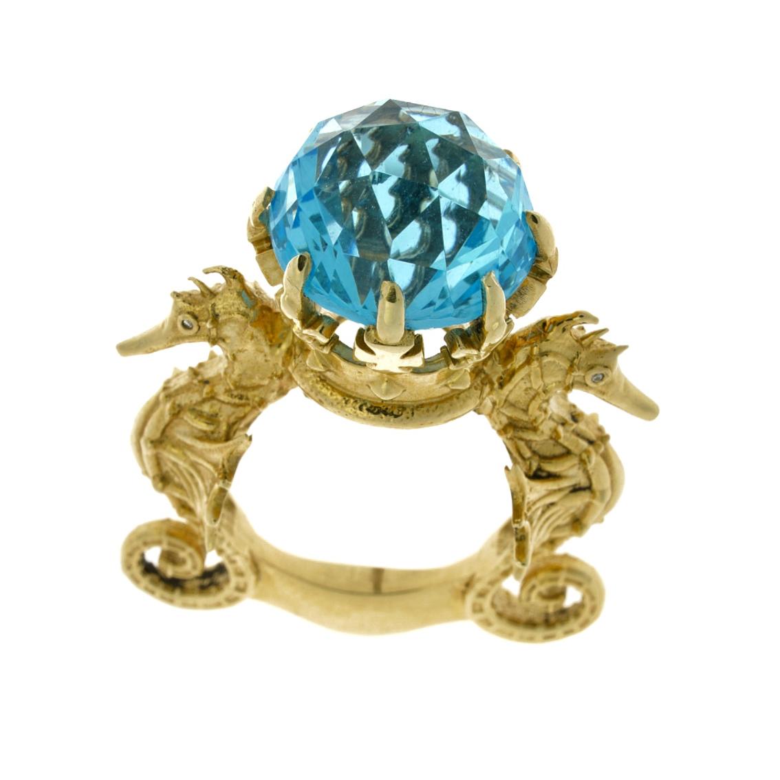 Women's or Men's 9 Karat Yellow Gold, Blue Topaz and Diamond Amphitrite's Crown Ring