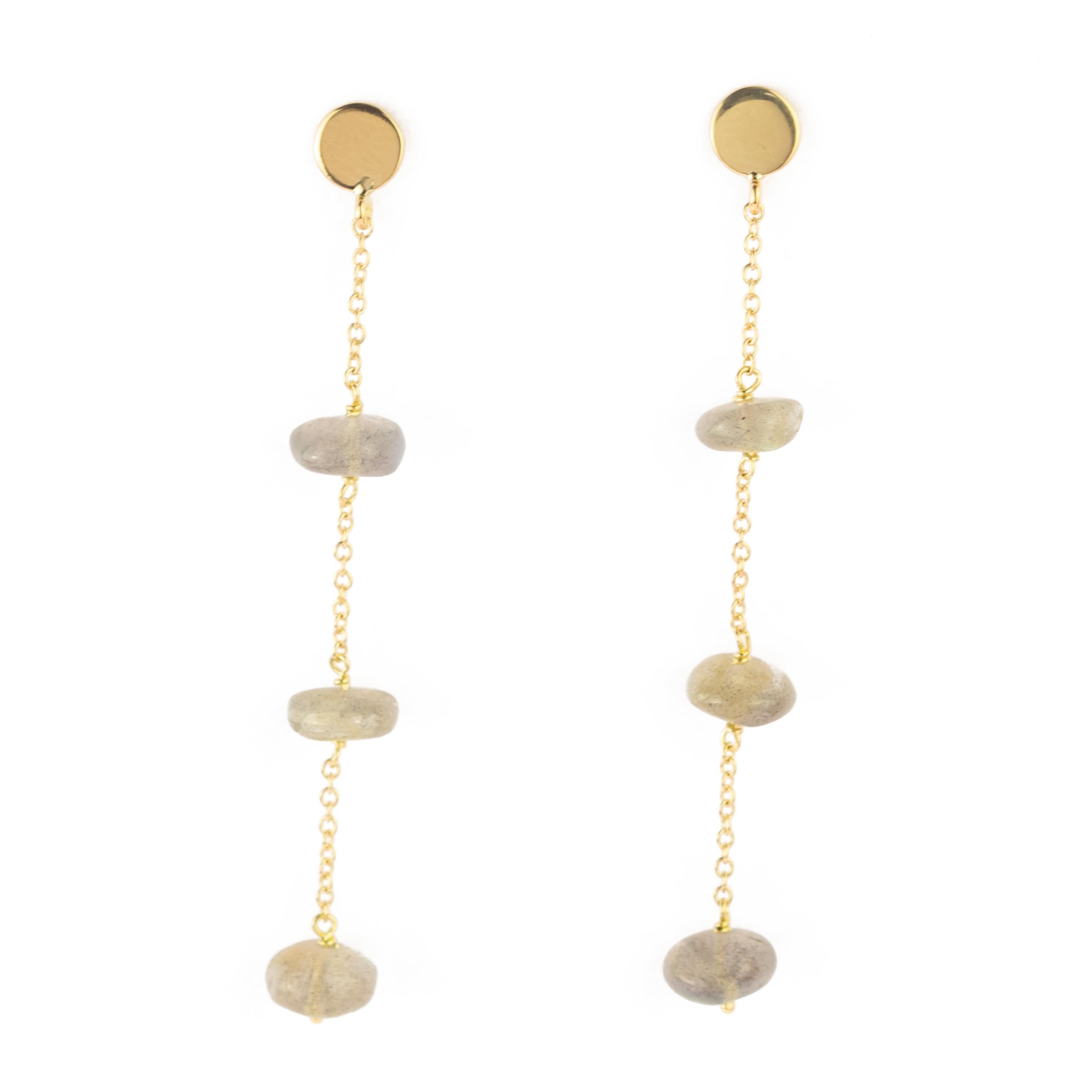 Pendants d'oreilles longs en or jaune 9 carats avec rondelles en forme d'œil de chat, fabriqués à la main Pour femmes en vente