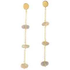 9 Karat Yellow Gold Chain Cat's Eye Rondelles Handmade Long Dangle Earrings