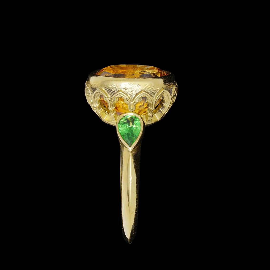 Women's or Men's Garden of the Hesperides Ring in 9 Karat Yellow Gold, Citrine and Green Garnets