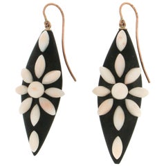 9 Karat Yellow Gold Coral and Wood Drop Earrings Vintage 9 Karat Yellow Gold Coral and Wood Drop Earrings