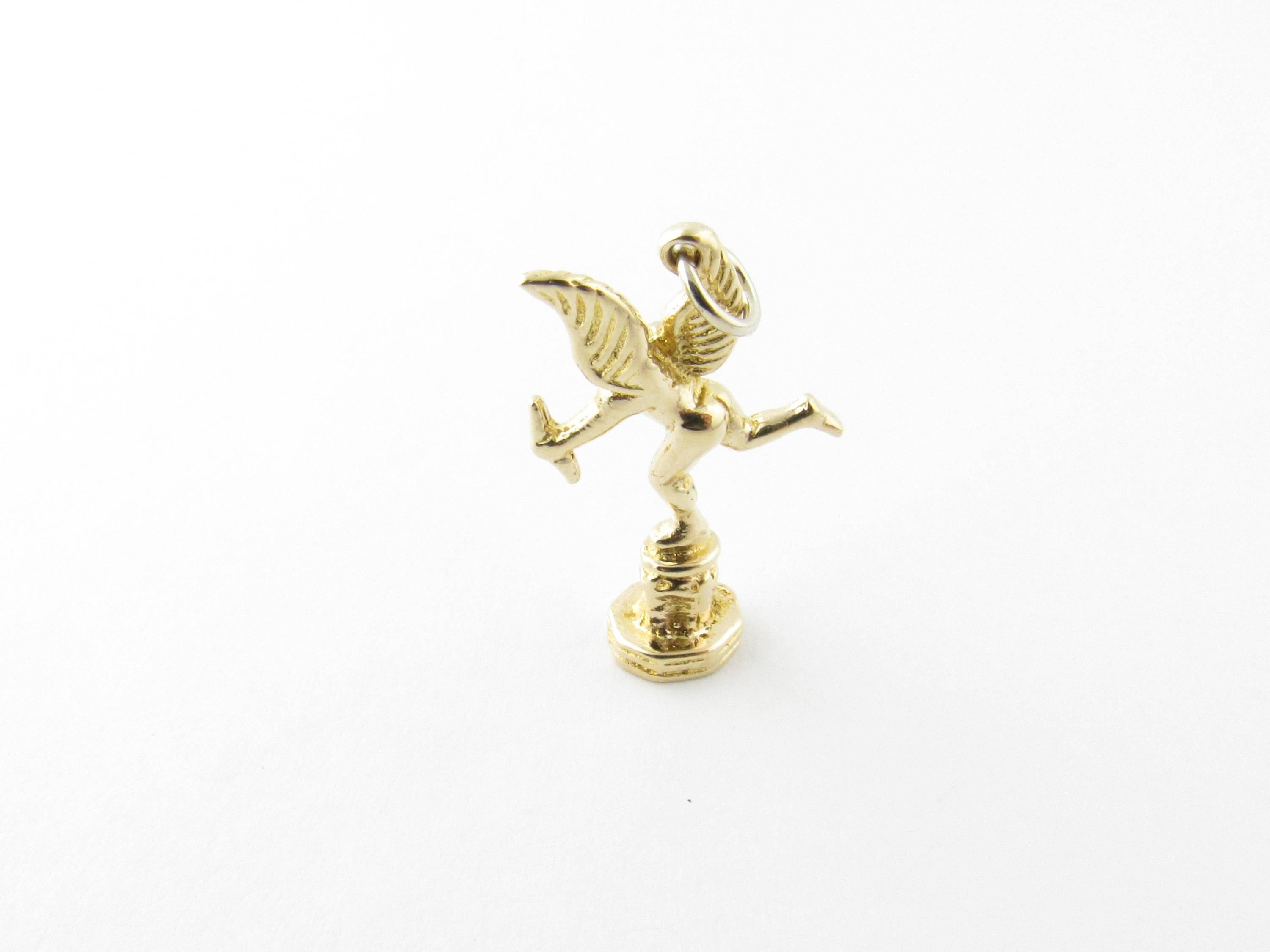 Vintage 9 Karat Yellow Gold Cupid Charm- 
This playful cherub will steal your heart! 
This adorable charm features a miniature cupid beautifully detailed in 14K yellow gold. 
Size:  25 mm x  15 mm 
Weight: 2.1 dwt. /  3.4 gr. 
Hallmark: 14K 
Very