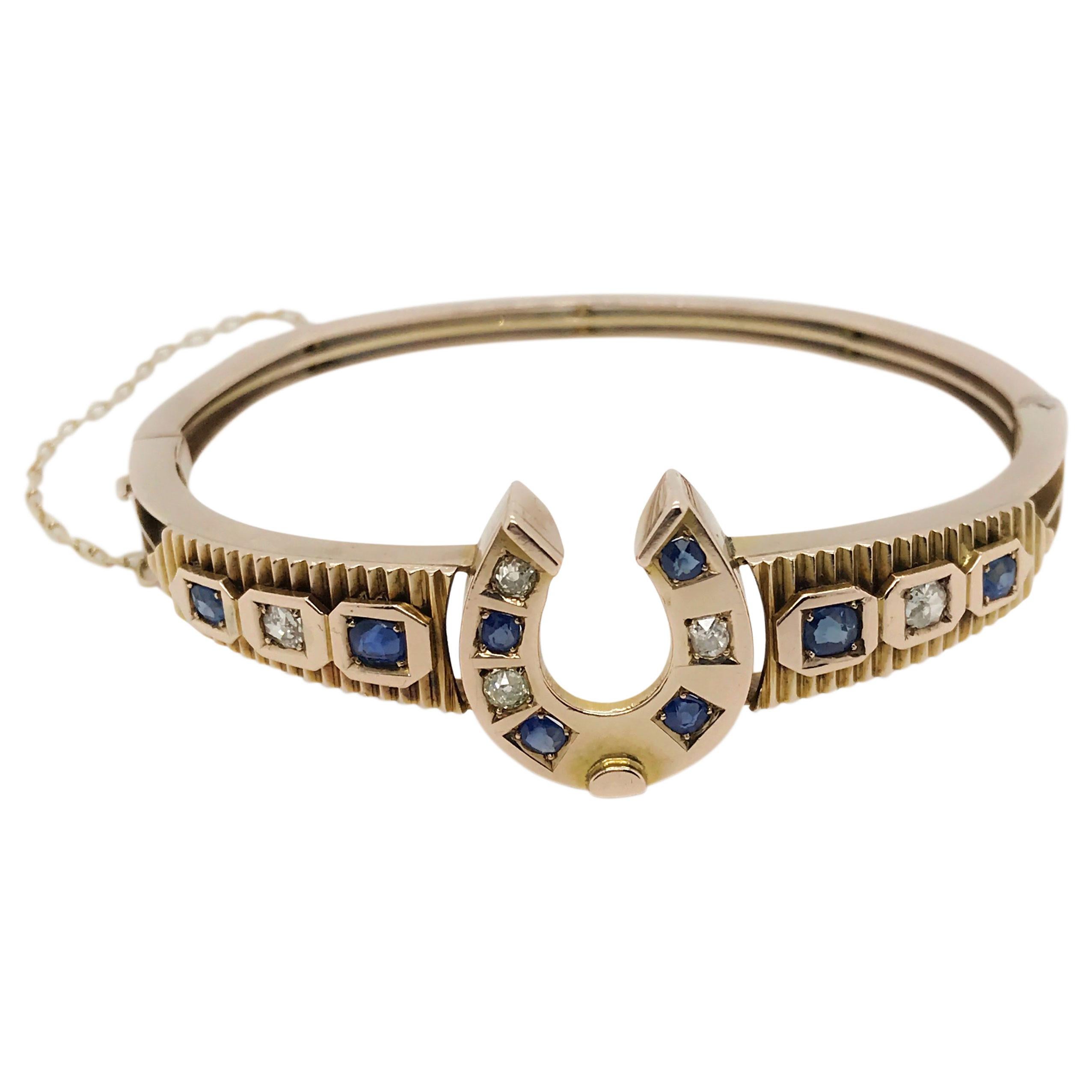 9 Karat Yellow Gold Diamond and Sapphire Horseshoe Bangle