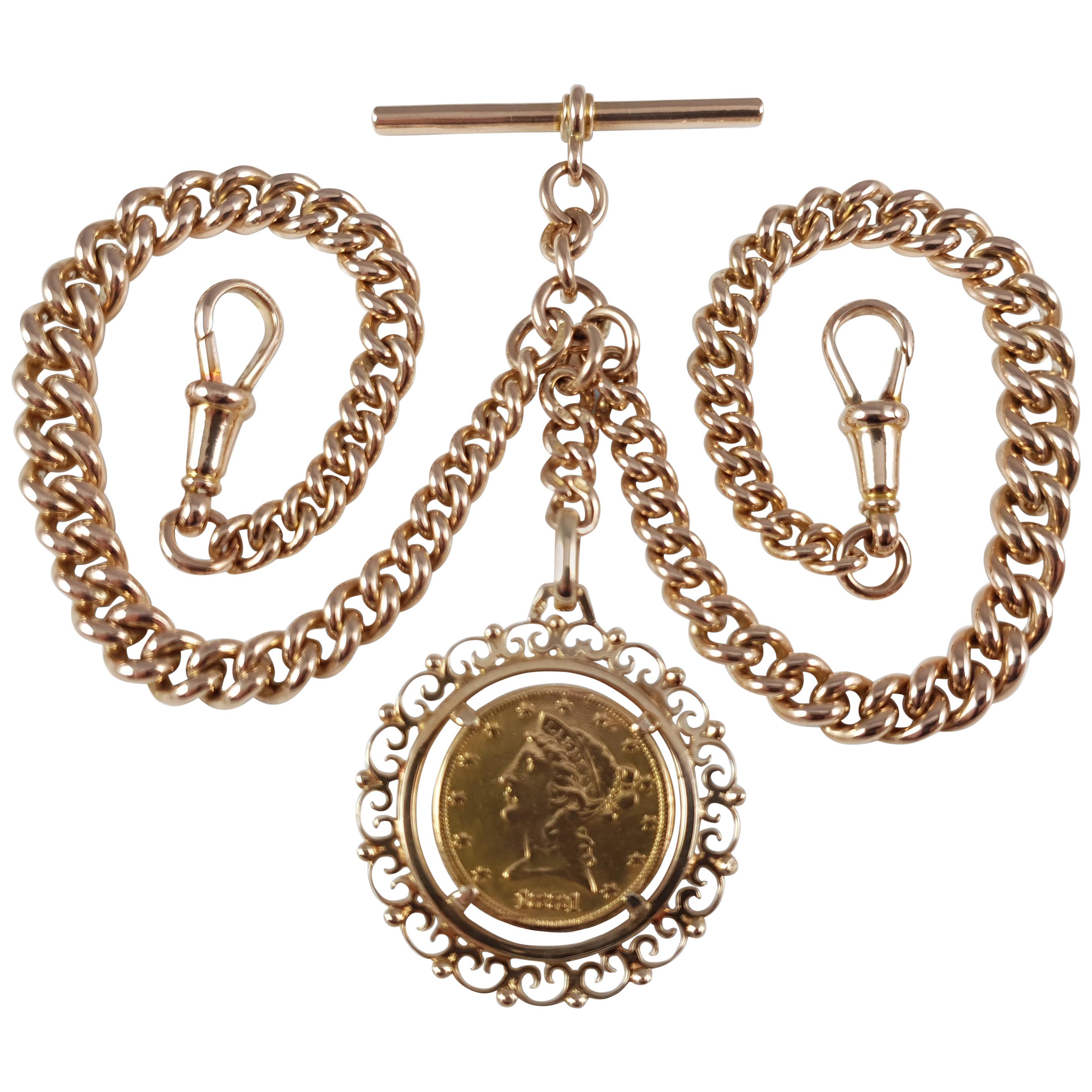 9 Karat Yellow Gold Double Albert Watch Chain and 1881 $5 Gold Coin, 70.6 Grams