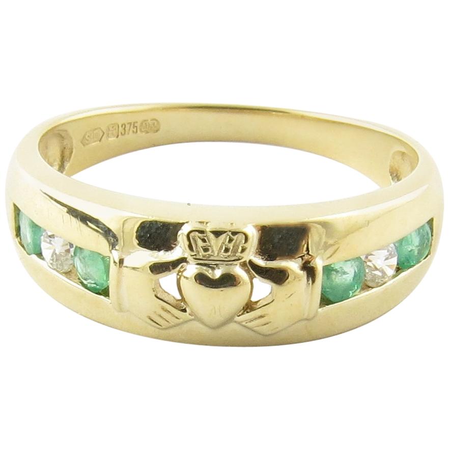 9 Karat Yellow Gold Emerald and Synthetic Diamond Claddagh Ring