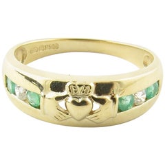 Vintage 9 Karat Yellow Gold Emerald and Synthetic Diamond Claddagh Ring