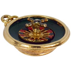 Vintage 9 Karat Yellow Gold Enamel Roulette Wheel Gambling Charm Pendant