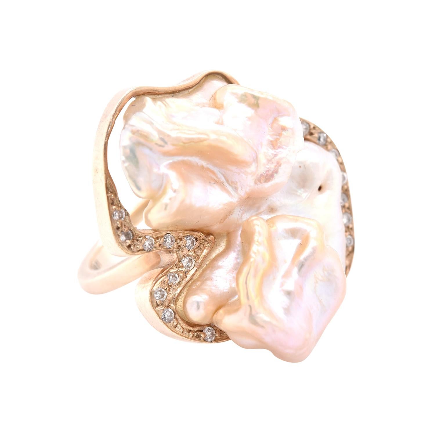 9 Karat Yellow Gold Freeform Mother of Pearl and Diamond Ring For Sale