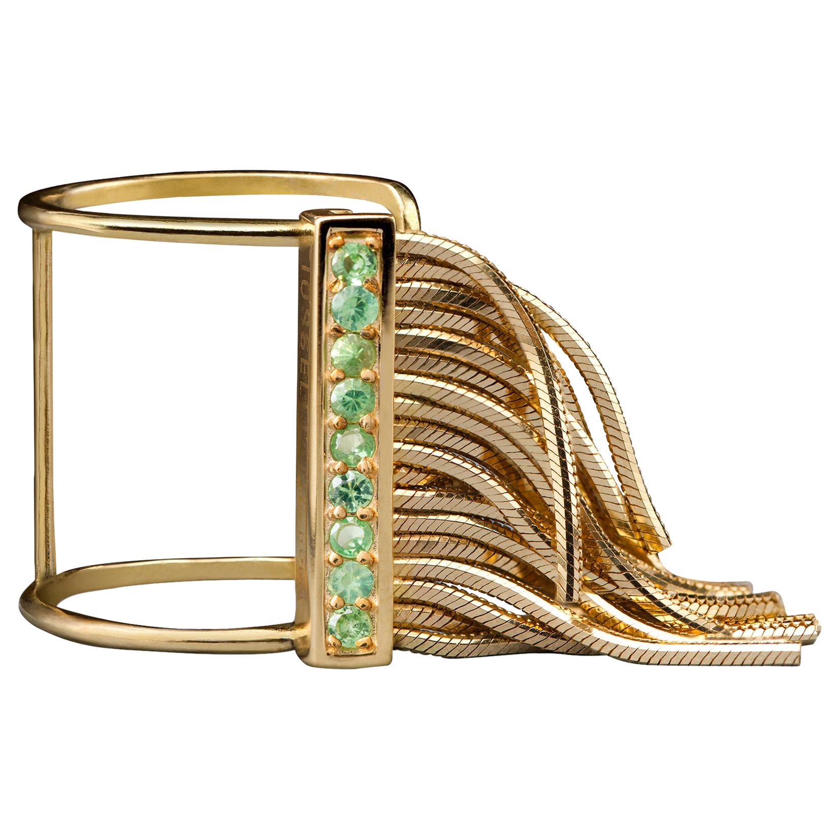 9 Karat Yellow Gold Fringed Open Ring with Green Sapphires Pavé from Iosselliani For Sale