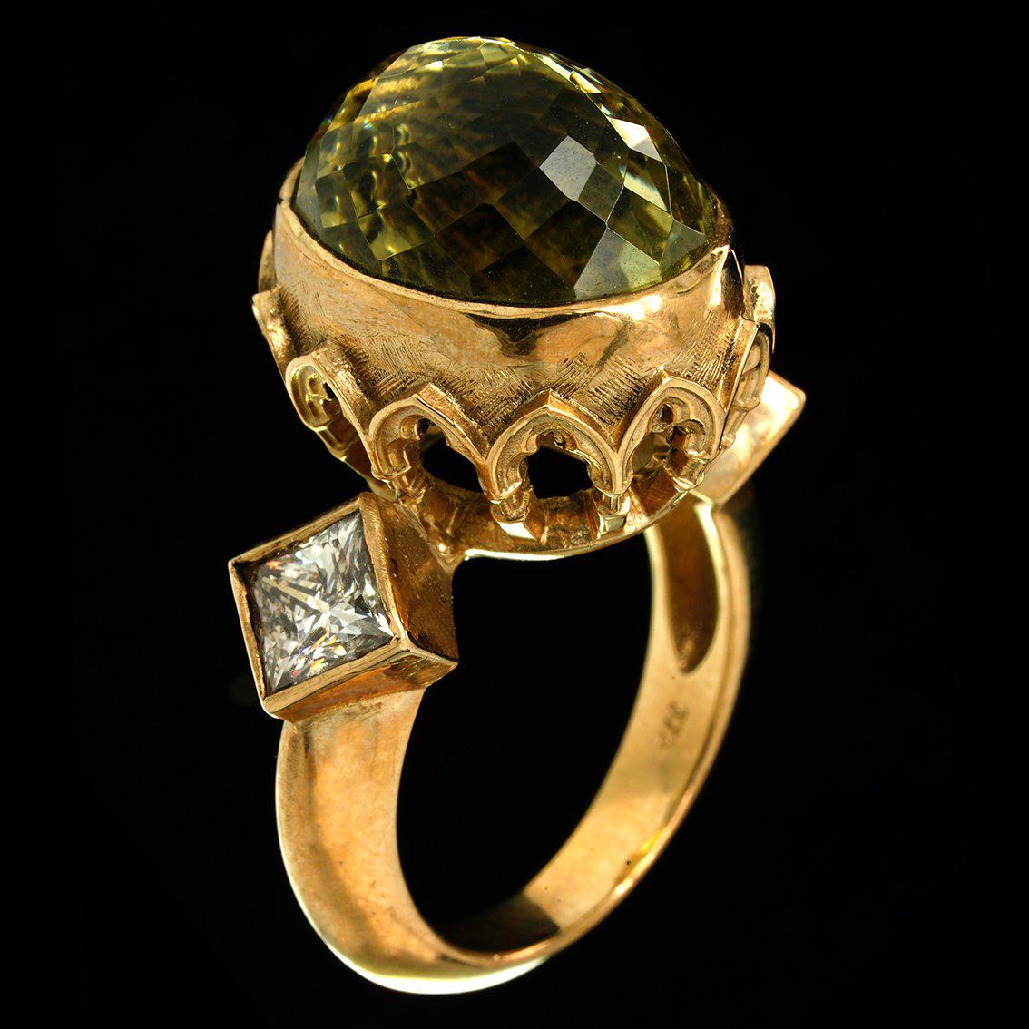 Women's Chloris Ring Gothic Arch 9 Karat Yellow Gold Lemon Quartz and Diamonds For Sale