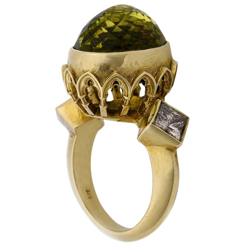 Chloris Ring Gothic Arch 9 Karat Yellow Gold Lemon Quartz and Diamonds For Sale