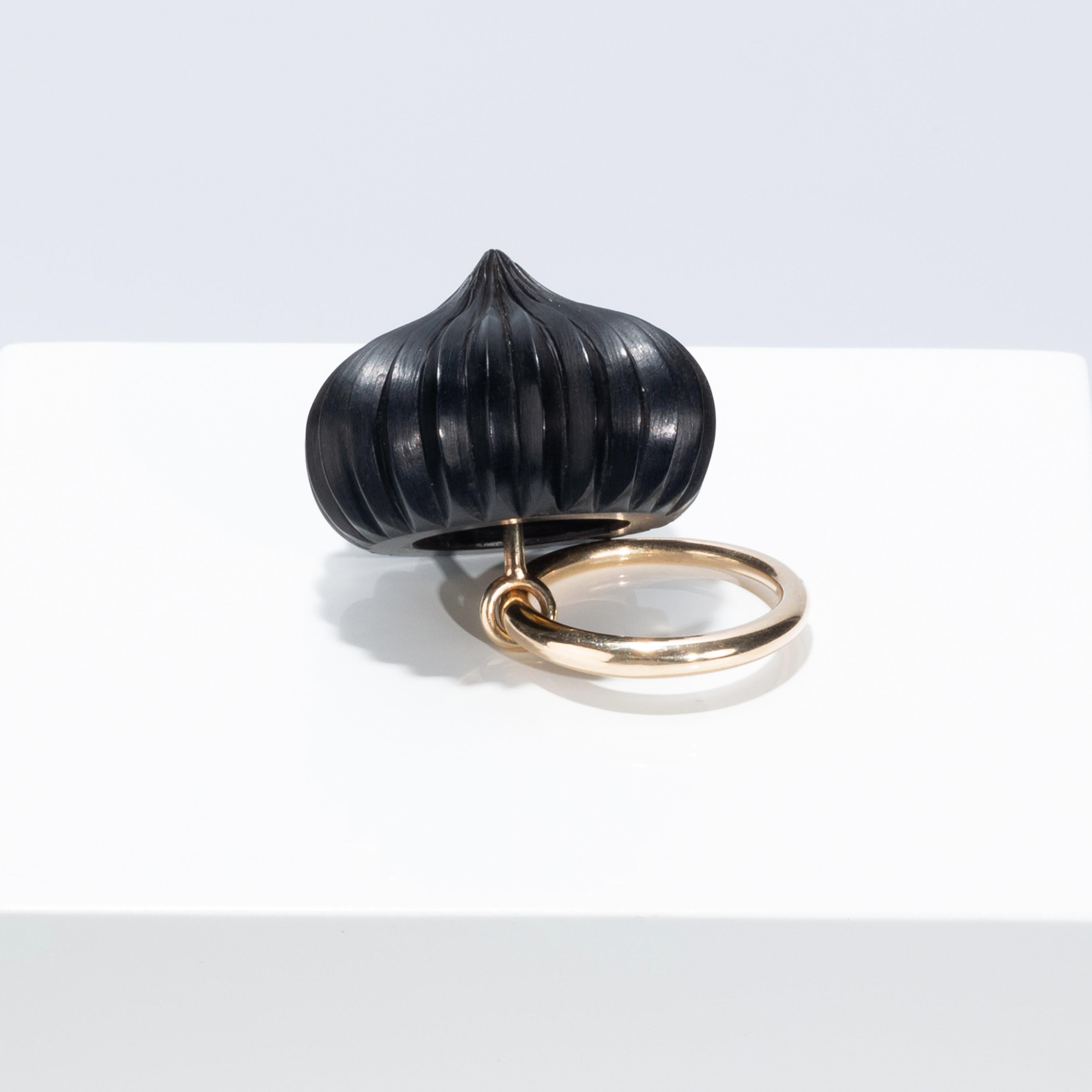 Contemporary Alice Cicolini 9k Gold Hand Carved Ebony Blue Diamond Temple Indian Dome Ring For Sale