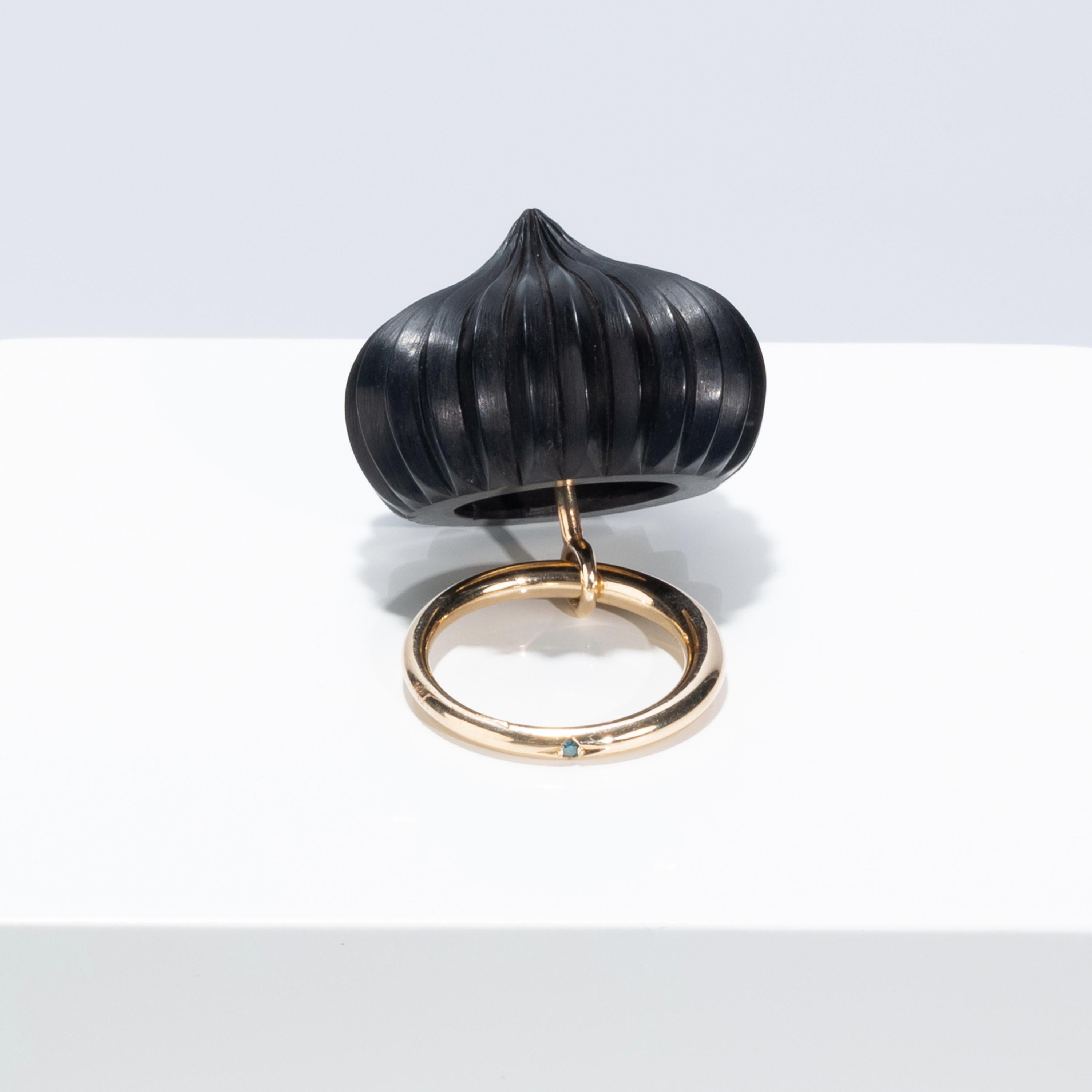 Cabochon Alice Cicolini 9k Gold Hand Carved Ebony Blue Diamond Temple Indian Dome Ring For Sale