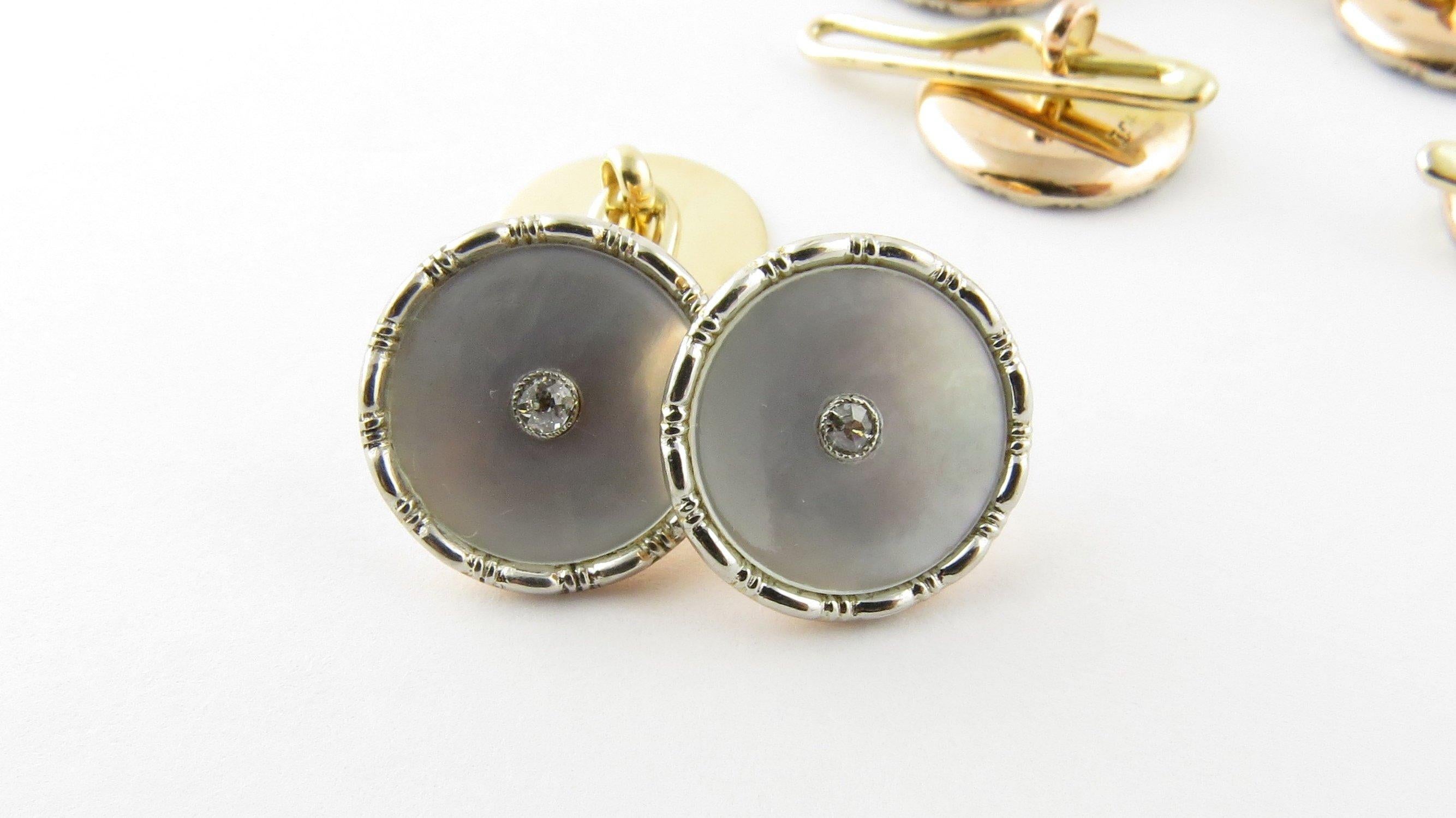 9 Karat Yellow Gold Mother of Pearl and Diamond Tuxedo Buttons and Cufflinks In Good Condition In Washington Depot, CT
