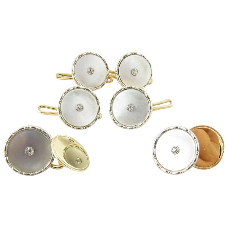 9 Karat Yellow Gold Mother of Pearl and Diamond Tuxedo Buttons and