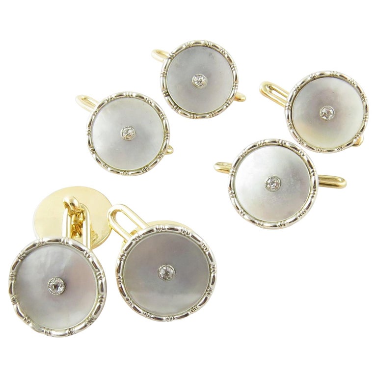 9 Karat Yellow Gold Mother of Pearl and Diamond Tuxedo Buttons and