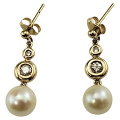 Vintage 9 Karat Yellow Gold Pearl and Diamond Dangle Earrings