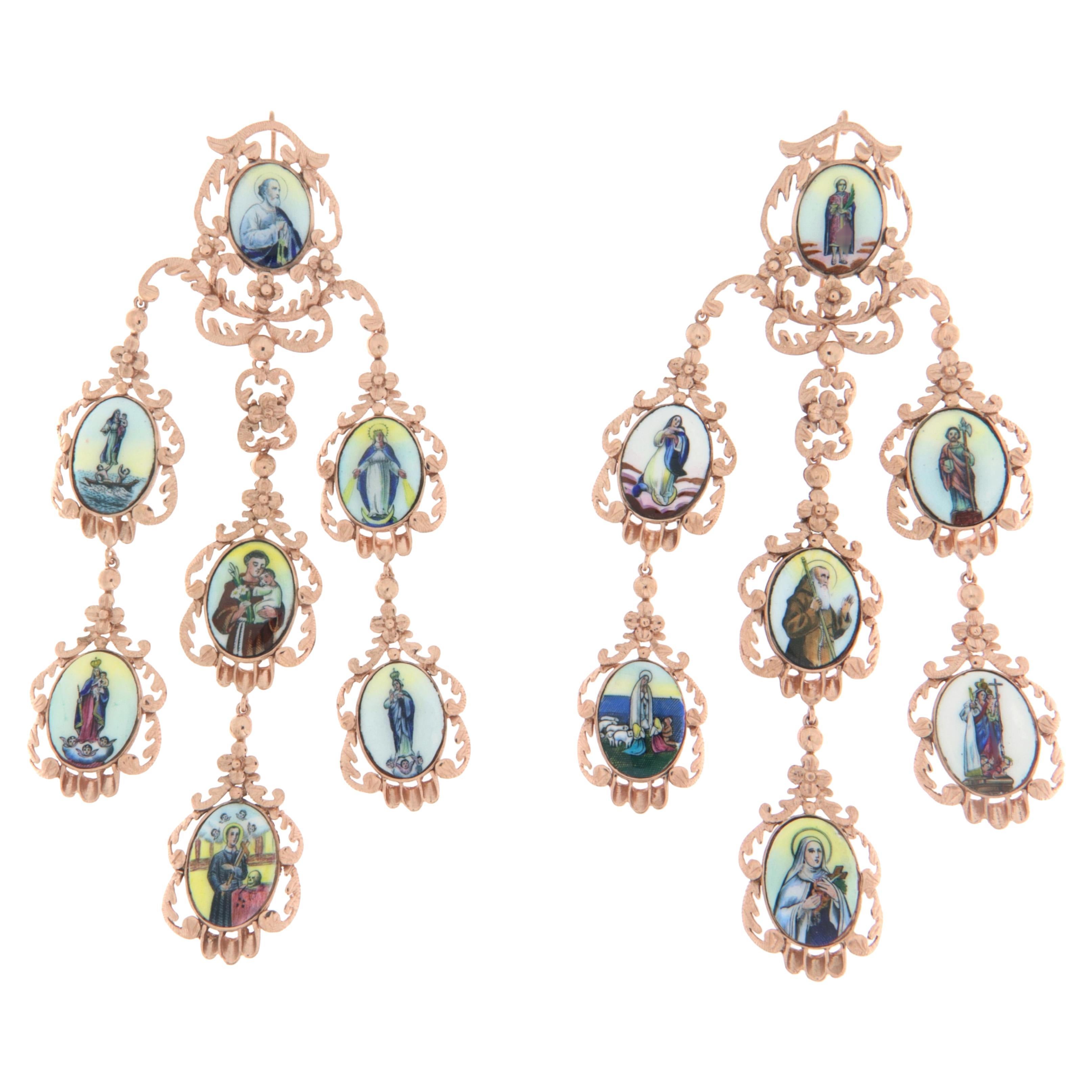 9 Karat Yellow Gold Sacred Drop Earrings For Sale