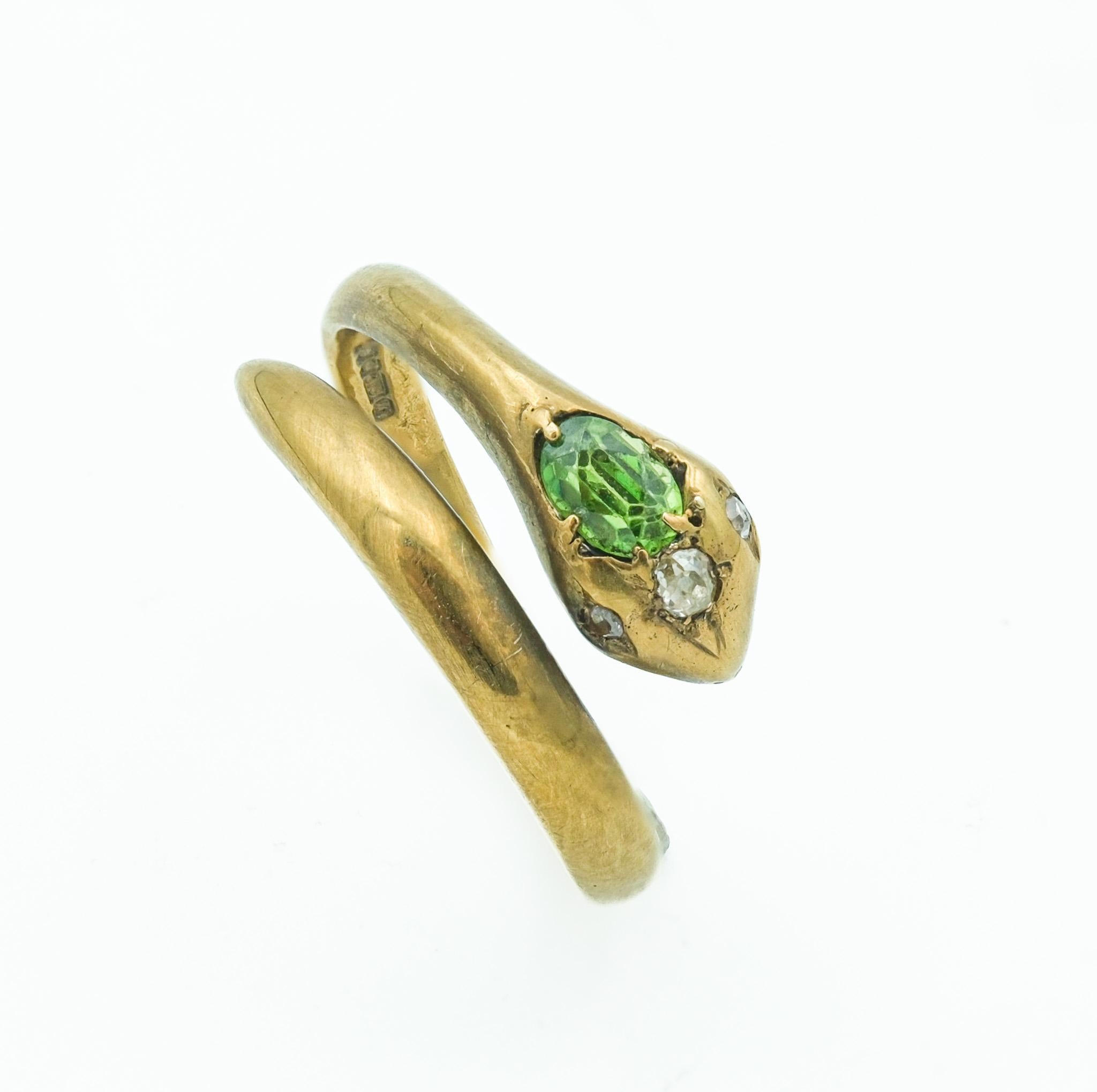 Victorian 9 Karat Yellow Gold Snake Ring with Demantoid Garnet and Diamonds For Sale